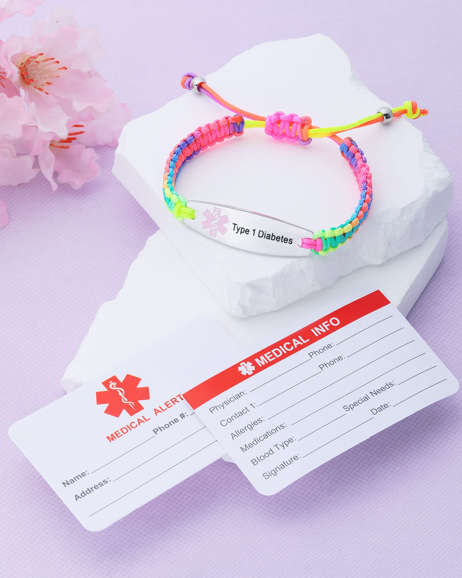 JF.JEWELRY Medical Alert Bracelets for Women, Personalized Custom Medical Bracelets for Women, Nylon Braided Medical ID Bracelets - Rainbow