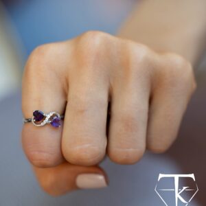 Elegant 10k White Gold Double Heart Amethyst and Diamond Infinity Ring (Size 6.25)