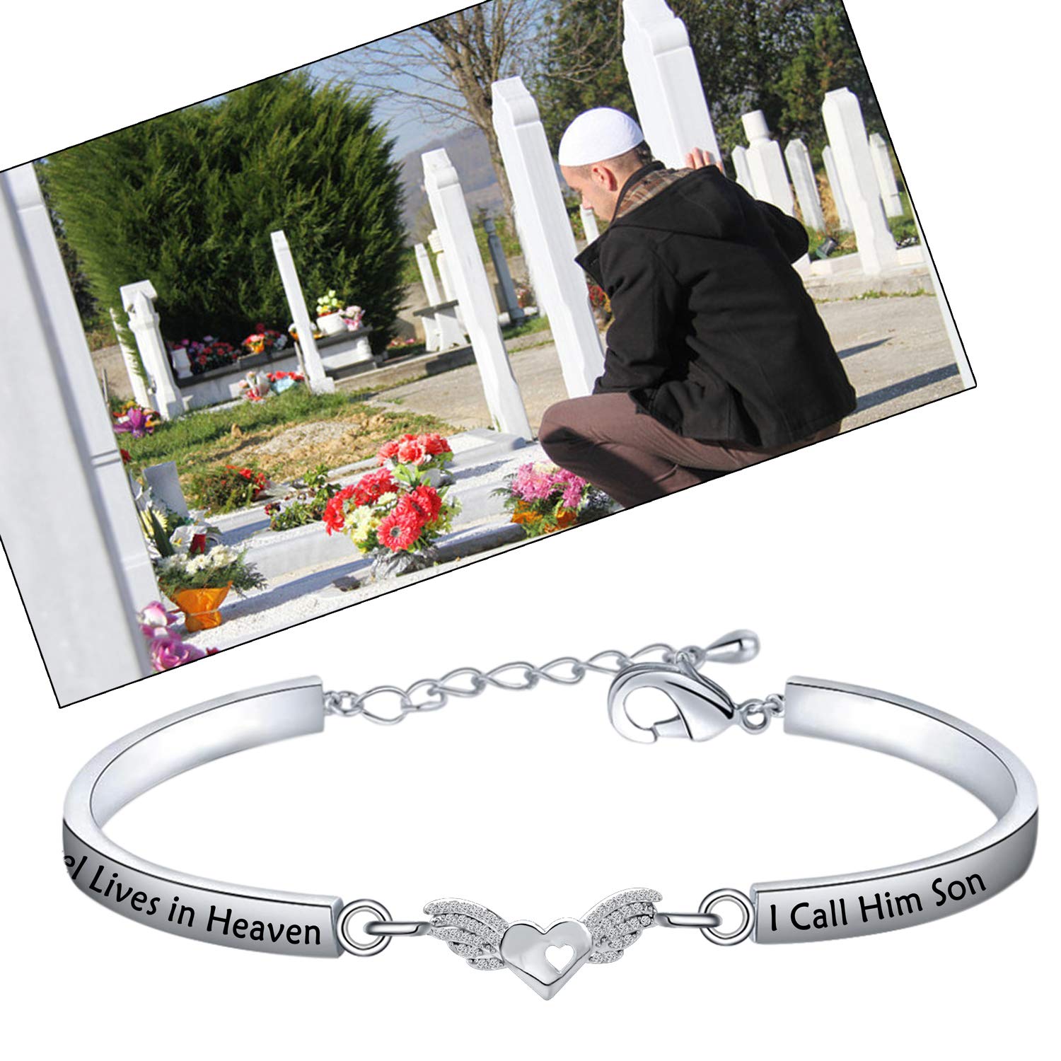 LQRI Memorial Jewelry Loss of Family Member Gift My Guardian Angel Lives in Heaven I Call Him/Her Grandpa Son Grandma Mom Daughter Angel Wing Charm Bracelet In Memory Of Loved One (silver-son)