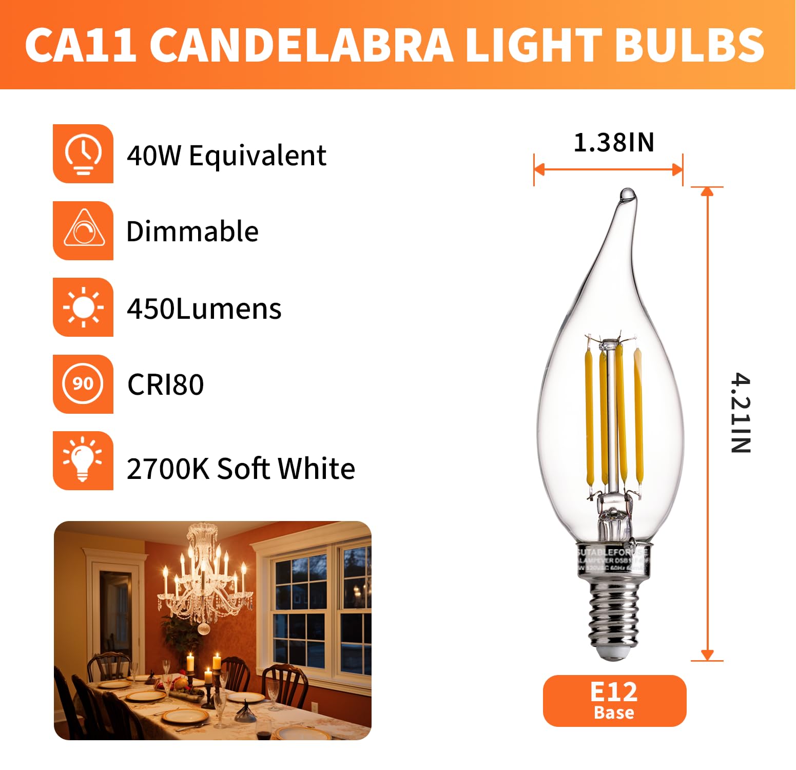 ALAMPEVER LED Candelabra Bulbs, Dimmable CA11 E12 LED Chandelier Light Bulbs, 2700K Soft White, 4W (40W Equivalent), 450LM, 12 Pack