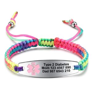 jf.jewelry medical alert bracelets for women, personalized custom medical bracelets for women, nylon braided medical id bracelets - rainbow