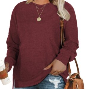 DOLNINE Plus Size Sweatshirts for Women 3X Side Slit Loose Tops Shirts Wine Red-24W