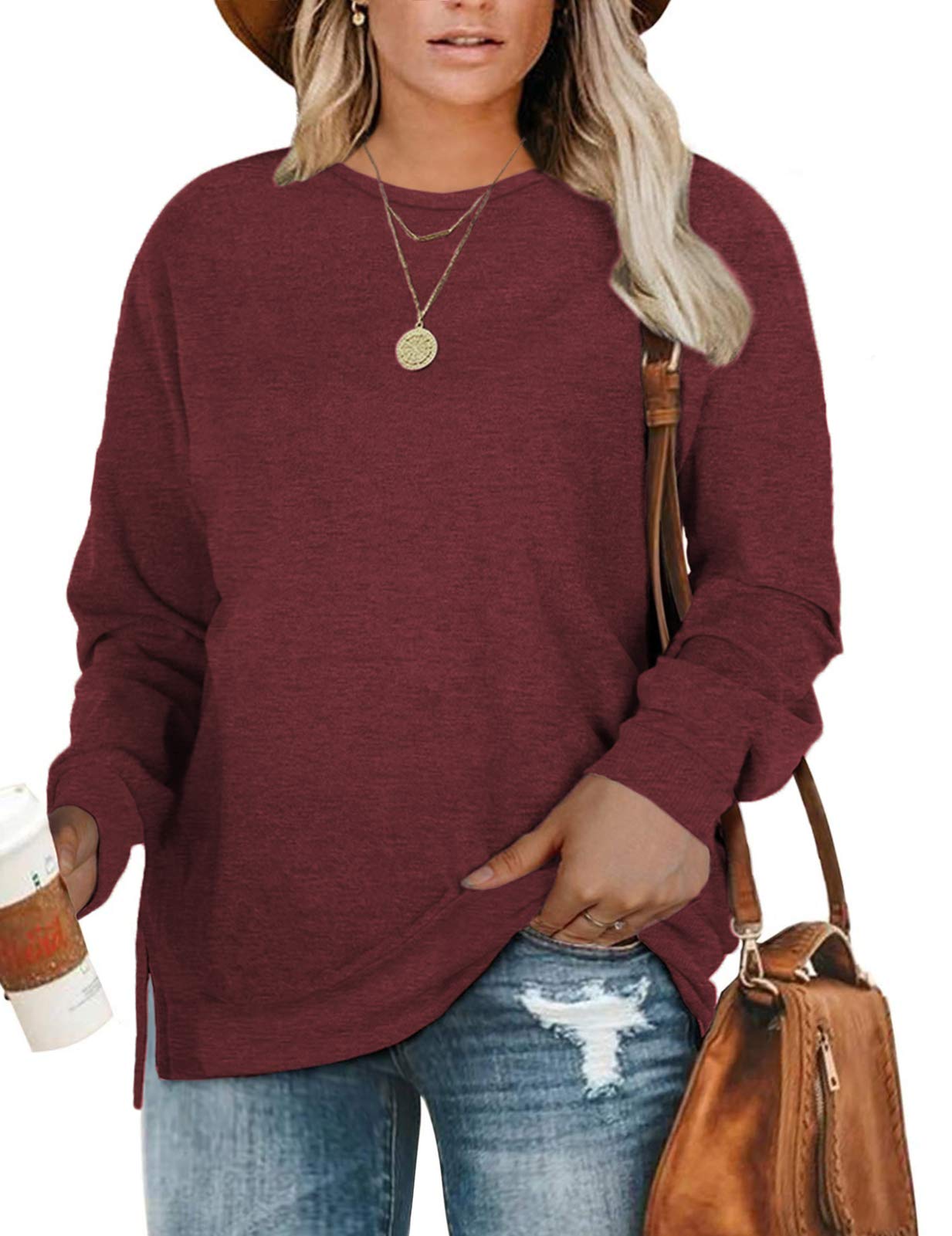 DOLNINE Plus Size Sweatshirts for Women 3X Side Slit Loose Tops Shirts Wine Red-24W