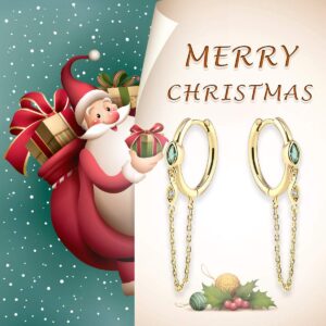 JIANGYUE 18K Gold Plated Chain Earrings for Women Emerald Green Hoop Earrings Tassel Dangle Earrings Trendy CZ Small Hypoallergenic Jewelry