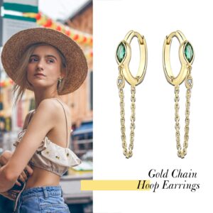 JIANGYUE 18K Gold Plated Chain Earrings for Women Emerald Green Hoop Earrings Tassel Dangle Earrings Trendy CZ Small Hypoallergenic Jewelry