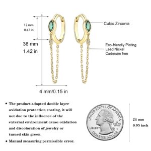 JIANGYUE 18K Gold Plated Chain Earrings for Women Emerald Green Hoop Earrings Tassel Dangle Earrings Trendy CZ Small Hypoallergenic Jewelry