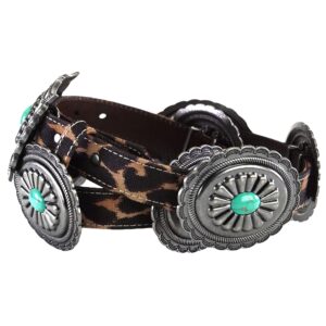 ARIAT Ladies Belt, Brown Leopard Strap, Antique Silver Oval Conchos with Turquoise, Rectangle Buckle, Medium