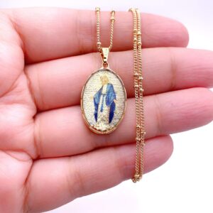 LESLIE BOULES Virgen La Milagrosa Pendant Necklace 18K Gold Plated Chain 18 Inches Length