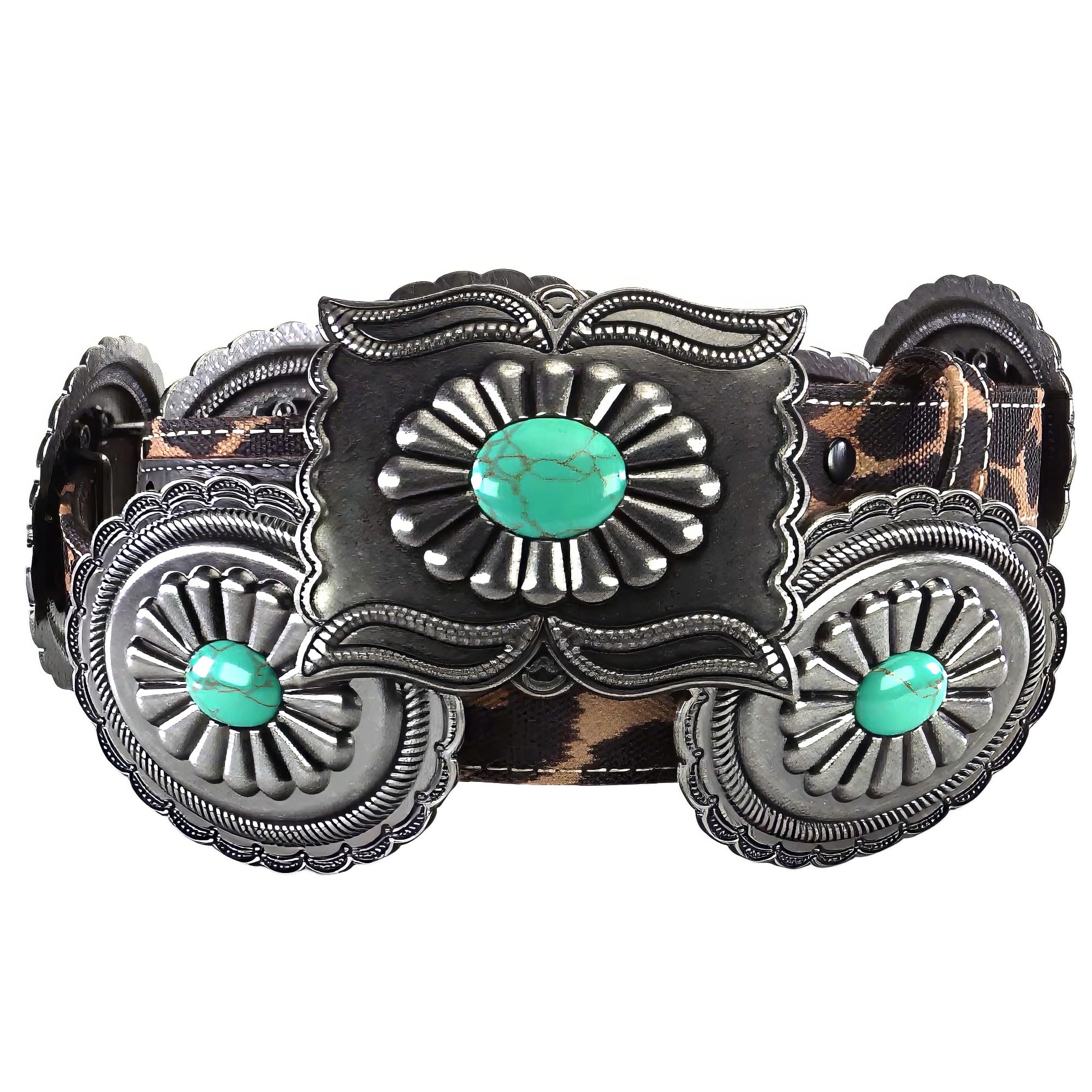 ARIAT Ladies Belt, Brown Leopard Strap, Antique Silver Oval Conchos with Turquoise, Rectangle Buckle, Large