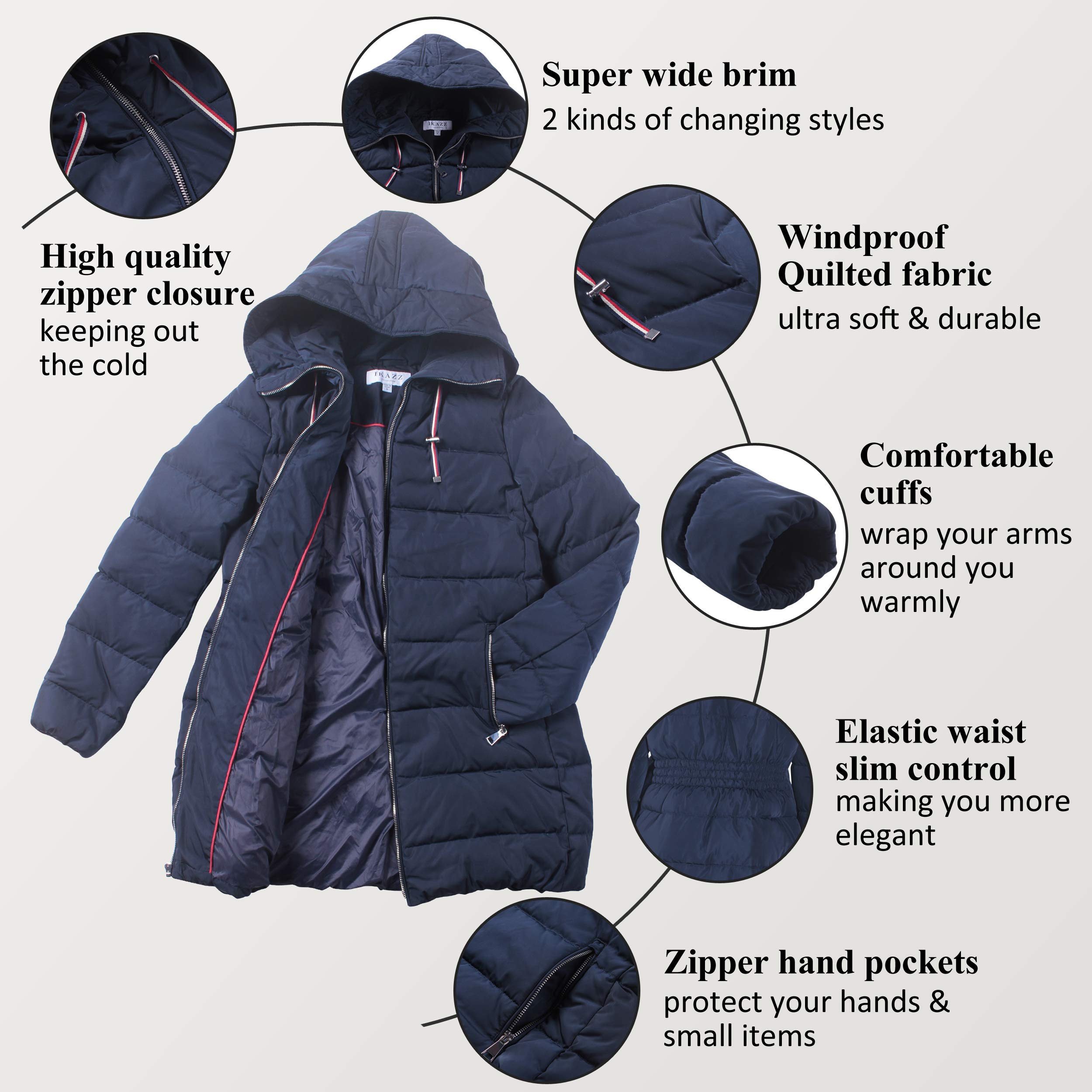 IKAZZ Women's Diamond Quilted Winter Coat Warm Puffer,Vegan Down Warm Snow Contrast Color Drawstring Thicken Water Resistant Windproof Mid Length Packable Shoreline Jacket Regular & Plus Sizes,Navy S