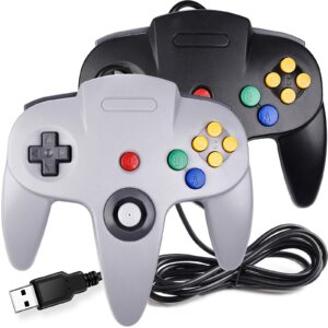 2 pack usb wired n64 controller, suily classic n64 pc gamepad joystick controller for windows pc mac linux raspberry pi 3 (black/gray)