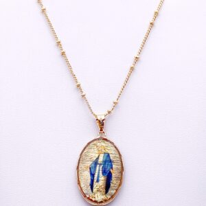 LESLIE BOULES Virgen La Milagrosa Pendant Necklace 18K Gold Plated Chain 18 Inches Length