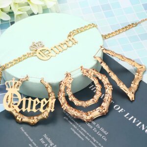 sailimue Chunky Curb Chain Necklace with Bamboo Hoop Earrings Set Gold Plated 80s/90s Punk Hip Hop Rapper Style Accessories Set for Women