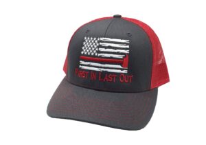 trenz shirt company firefighter axe flag trucker hat, first in last out