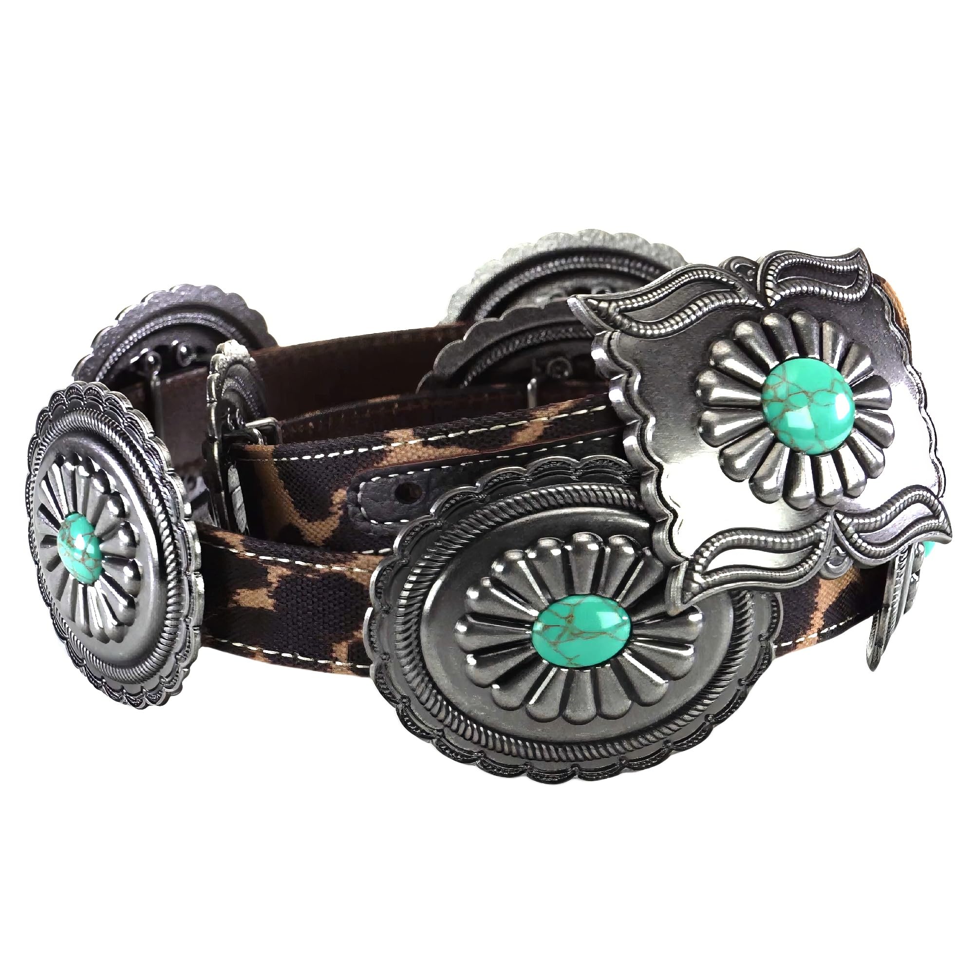 ARIAT Ladies Belt, Brown Leopard Strap, Antique Silver Oval Conchos with Turquoise, Rectangle Buckle, Medium