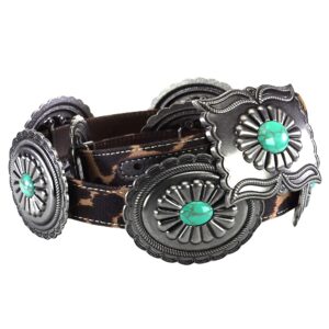 ARIAT Ladies Belt, Brown Leopard Strap, Antique Silver Oval Conchos with Turquoise, Rectangle Buckle, Large