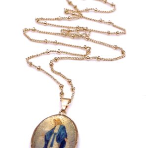 LESLIE BOULES Virgen La Milagrosa Pendant Necklace 18K Gold Plated Chain 18 Inches Length