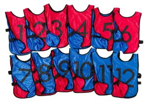 lvl10 sports pinnies - reversible numbered practice vest pennies for soccer, basketball scrimmages - adults kids (large, 12 pack (1-12), red/blue)