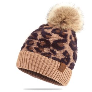 c.c exclusives soft beanie hat with leopard pattern and fur pom, a rubber band included (hat-2061)(latte)