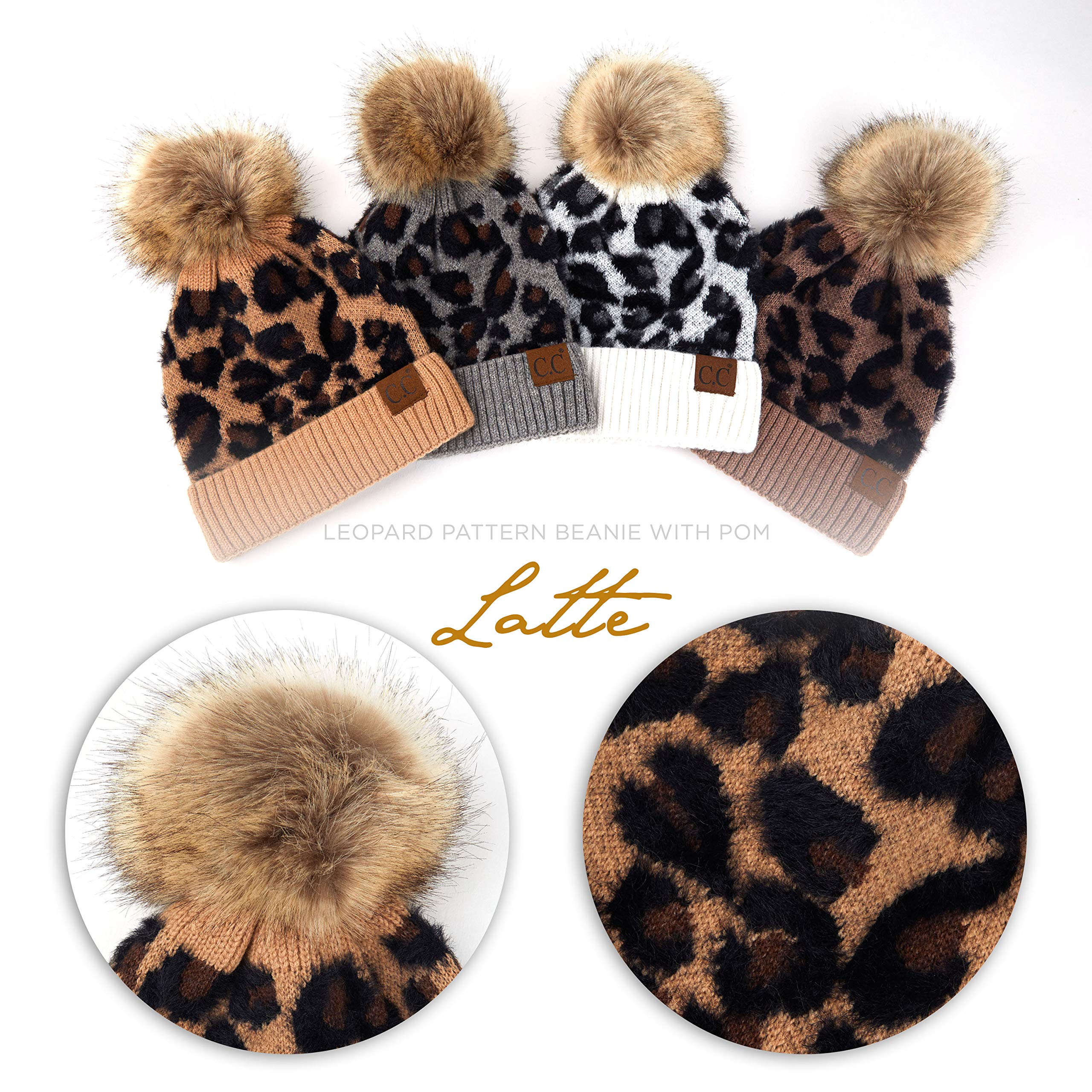 C.C Exclusives Soft Beanie hat with Leopard Pattern and Fur Pom, a Rubber Band Included (HAT-2061)(LATTE)