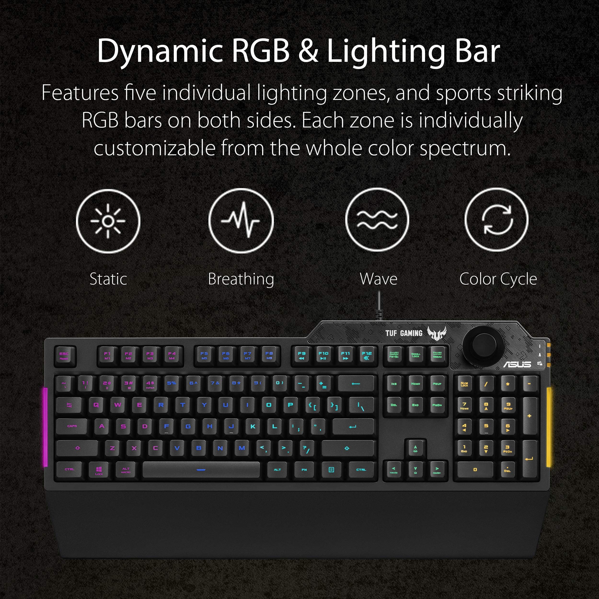 ASUS Membrane Gaming Keyboard for PC - TUF K1 | Programmable, Onboard Memory | Dedicated Volume Knob, Aura Sync RGB & Side Lighting | Detachable Wrist Rest | Spill-Resistant | Highly Durable | Black