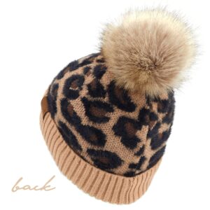 C.C Exclusives Soft Beanie hat with Leopard Pattern and Fur Pom, a Rubber Band Included (HAT-2061)(LATTE)