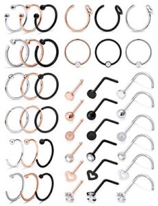 scerring 20g nose rings hoop stainless steel bone l shaped screw cz heart nose studs cartilage tragus earrings piercing ring hoop body jewelry set 48pcs mix color 1#