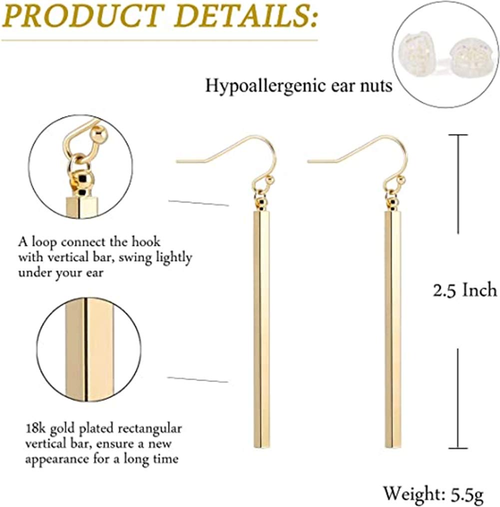 Gmillions Minimalist Vertical Long Bar Earrings Gold Silver Plated Drop Line Dangle Geometric jewelry for Women Girls set 2pcs (Gold+Silver)