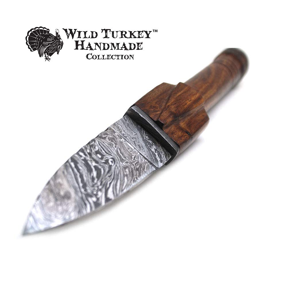 Wild Turkey Handmade Damascus Collection Sgian Dubh Durable Fixed Blade Hunting Knife - Genuine Leather Sheath Included (1171)