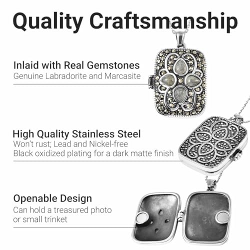 Shop LC Stainless Steel Locket - Labradorite & Marcasite Locket Pendant Necklace for Women - Vintage Lockets in Black Oxidized Stainless Steel - 20" Necklace Length Costume Jewelry for Women Birthday