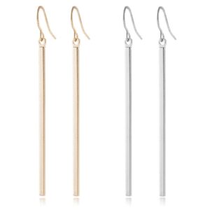 gmillions minimalist vertical long bar earrings gold silver plated drop line dangle geometric jewelry for women girls set 2pcs (gold+silver)