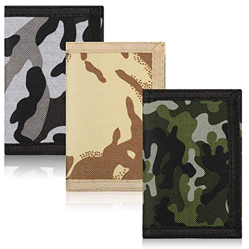 Weewooday 3 Pieces Wallets Ages 6-18 Canvas Trifold Wallets with Sticker and Zipper Pocket for Christmas Birthday Gift (Black, Khaki, Army Green,Camouflage Style)