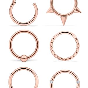 SCERRING 6PCS 16G Stainless Steel Hinged Clicker Segment Septum Nose Lip Ring Hoop Cartilage Tragus Sleeper Earrings Body Piercing Jewelry Braided 10mm Rose Gold