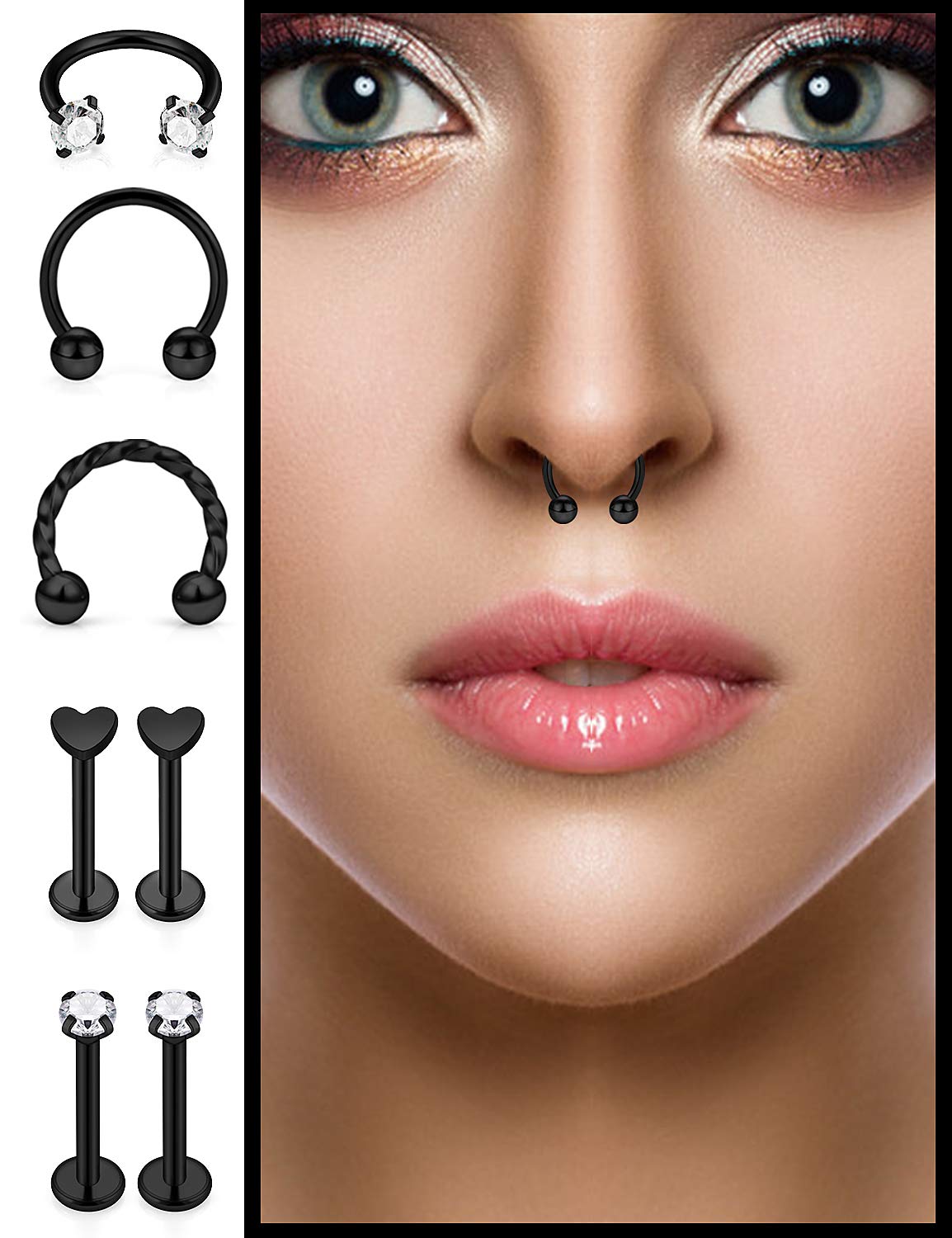 SCERRING 16g Lip Rings Stainless Steel Horseshoe Septum Nose Hoop Labret Monroe Lip Rings Nail Tragus Rook Helix Cartilage Earrings Studs Ring Medusa Piercing Jewelry 38PCS Black