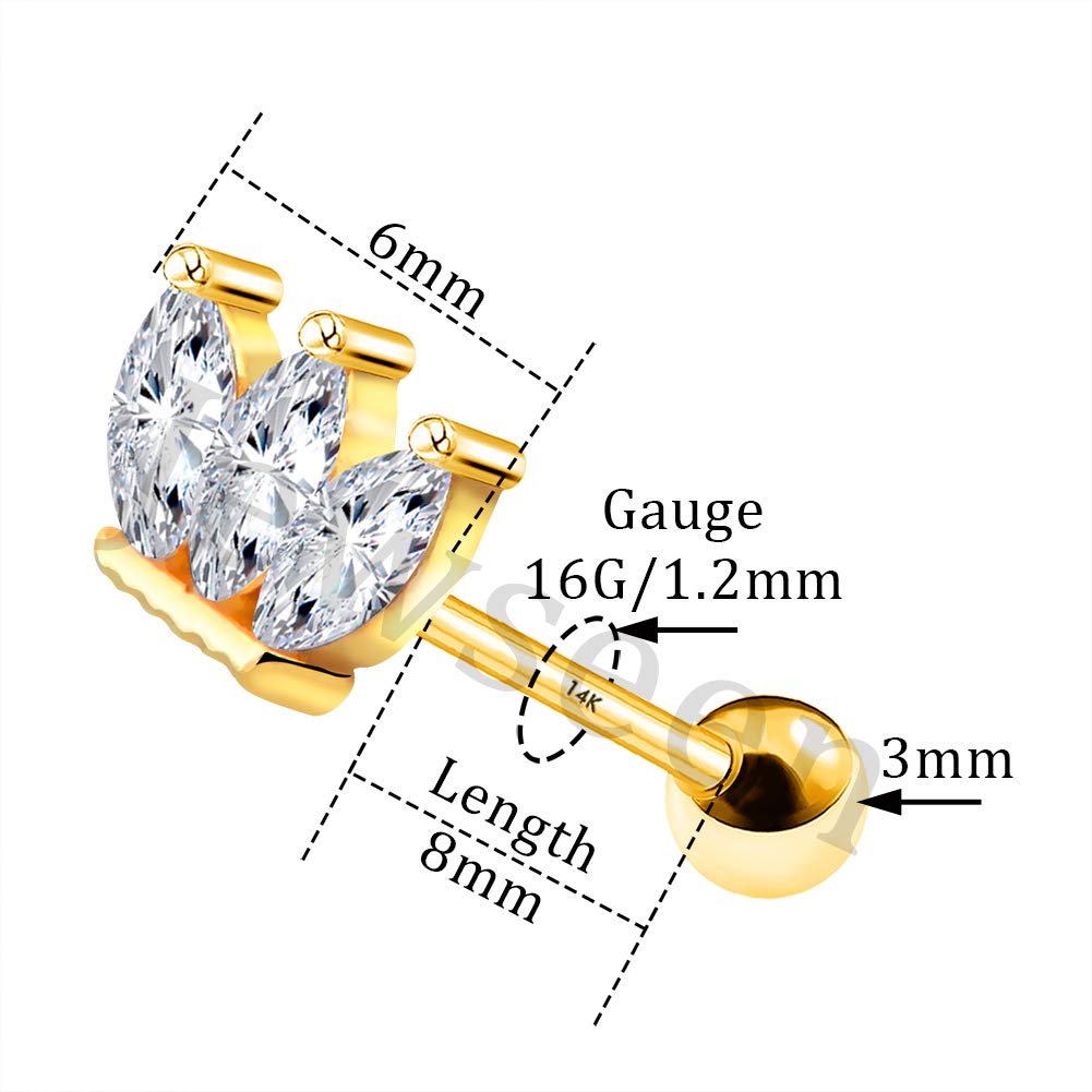 Jewseen 14K Gold Cartilage Earring Cubic Zirconia Tragus Earring 16g Crown Design Helix Stud Rings Solid Gold Conch Ear Piercing Jewelry