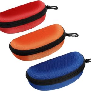 3 Pack Sunglasses Case Portable Travel Zipper Eyeglasses Case Hook With Cleaning Cloth (B-red+blue+orange)