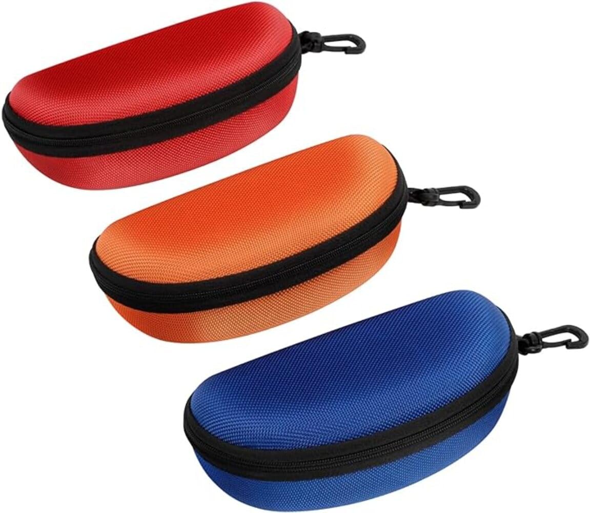 3 Pack Sunglasses Case Portable Travel Zipper Eyeglasses Case Hook With Cleaning Cloth (B-red+blue+orange)