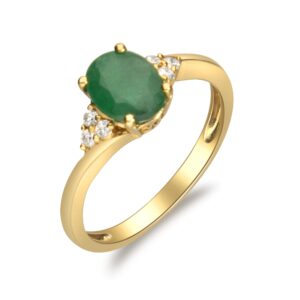 Gin & Grace 10K Yellow Gold Natural Diamond (I1,I2) & Natural Emerald Statement Ring for Women Jewelry Gifts