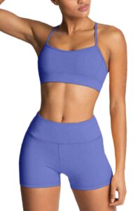 iwemek workout sets for women 2 piece yoga tracksuits outfits high waisted running biker shorts with adjustable strap sport bra exercise running gym clothes sets blue small