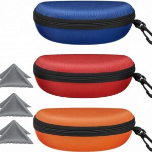 3 Pack Sunglasses Case Portable Travel Zipper Eyeglasses Case Hook With Cleaning Cloth (B-red+blue+orange)