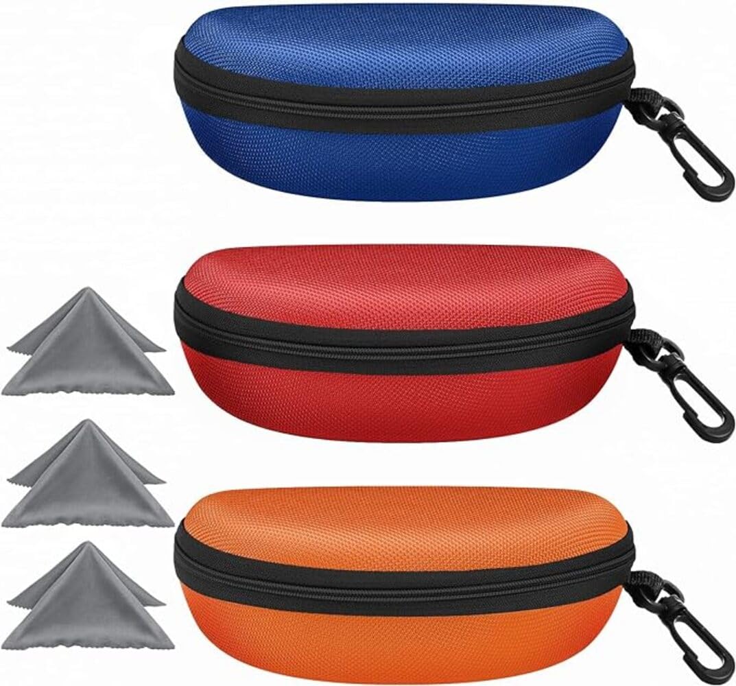 3 Pack Sunglasses Case Portable Travel Zipper Eyeglasses Case Hook With Cleaning Cloth (B-red+blue+orange)