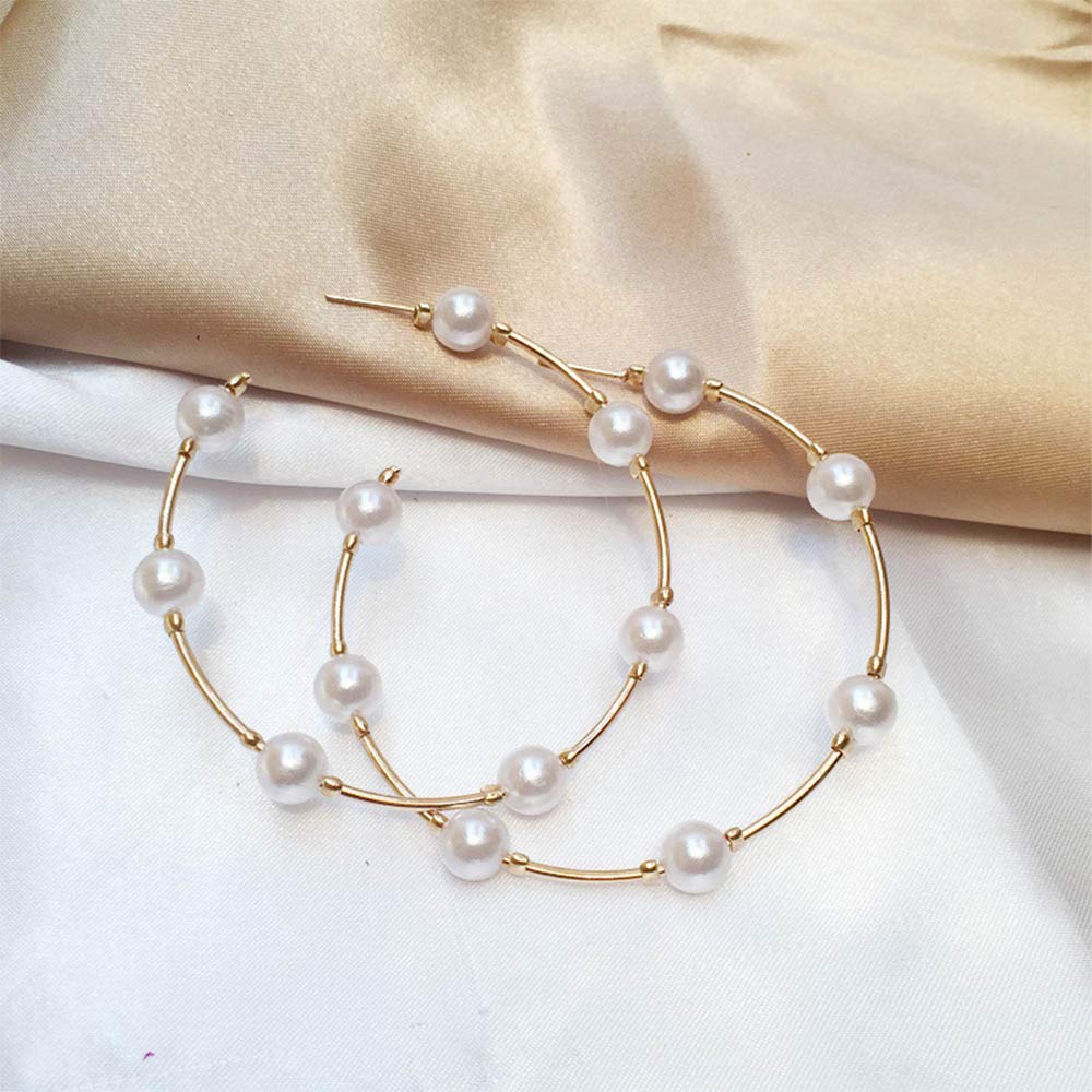 Aimimier Bridal Pearl Hoop Earrings Vintage Large Round Loop Earrings Wedding Prom Party Festival Jewelry for Women and Girls