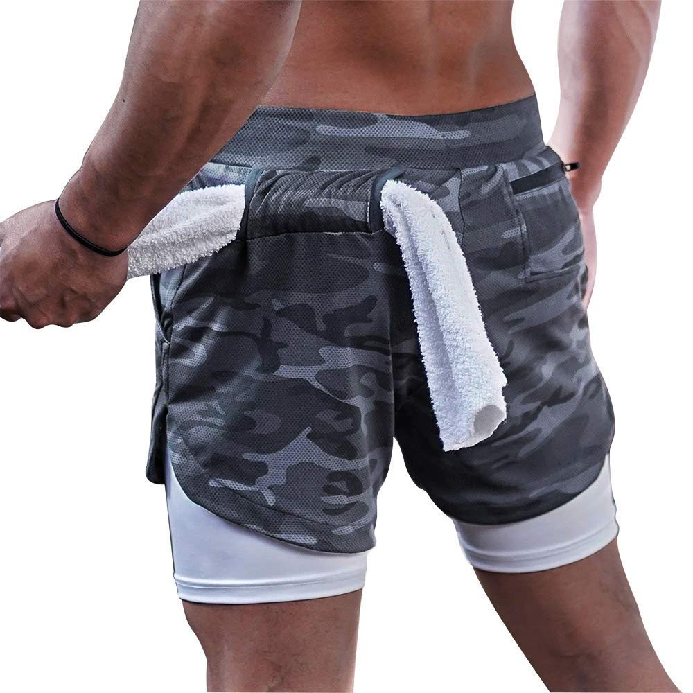 Surenow Mens Running Shorts，Workout Running Shorts for Men，2-in-1 Stealth Shorts，7-Inch Gym Yoga Outdoor Sports Shorts Camouflage Grey