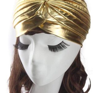 Unisex Turban Hat, Vintage Polyester Pleated Head Wrap Headband Cross Twist Arab Hair Wrap Chemo Turban Headwear Gold