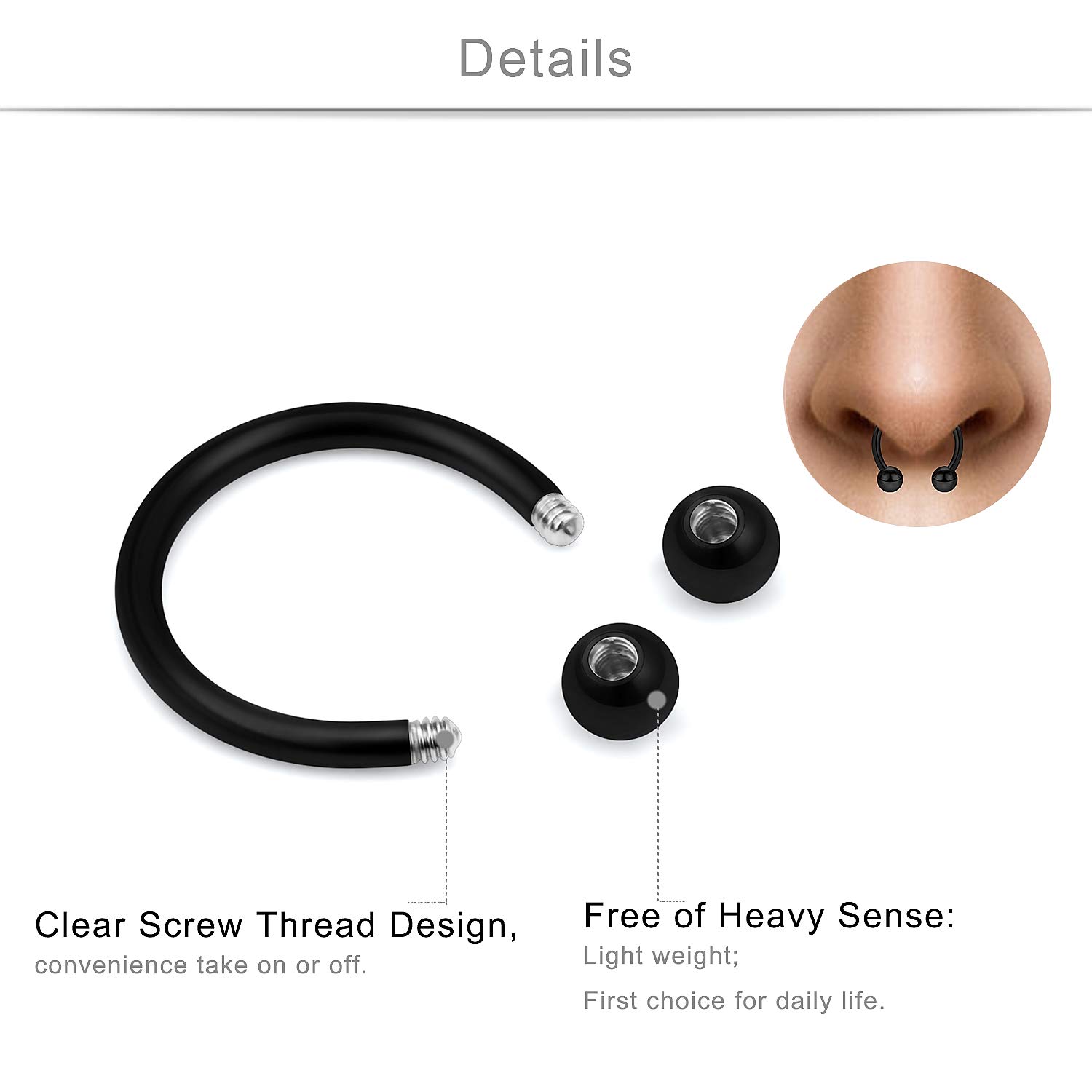 SCERRING 16g Lip Rings Stainless Steel Horseshoe Septum Nose Hoop Labret Monroe Lip Rings Nail Tragus Rook Helix Cartilage Earrings Studs Ring Medusa Piercing Jewelry 38PCS Black