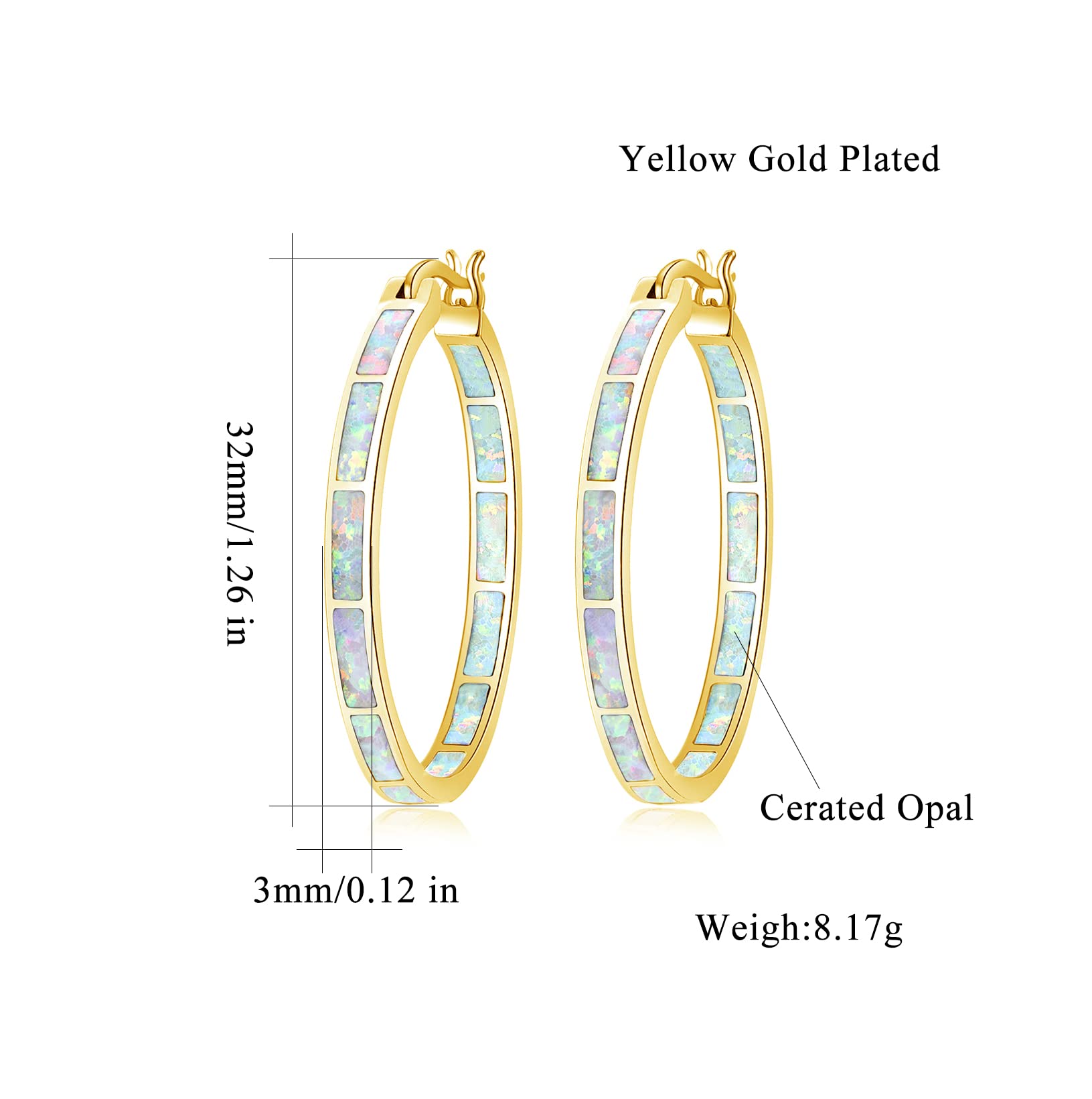 CiNily Big Gold Hoop Earrings Womens Opal Jewelry 14K Yellow Gold Plated Yellow Large Gemstone Earrings 32mm