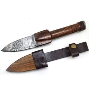 Wild Turkey Handmade Damascus Collection Sgian Dubh Durable Fixed Blade Hunting Knife - Genuine Leather Sheath Included (1171)