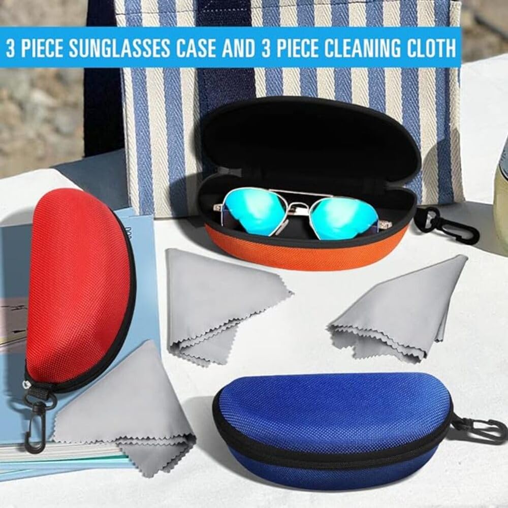 3 Pack Sunglasses Case Portable Travel Zipper Eyeglasses Case Hook With Cleaning Cloth (B-red+blue+orange)