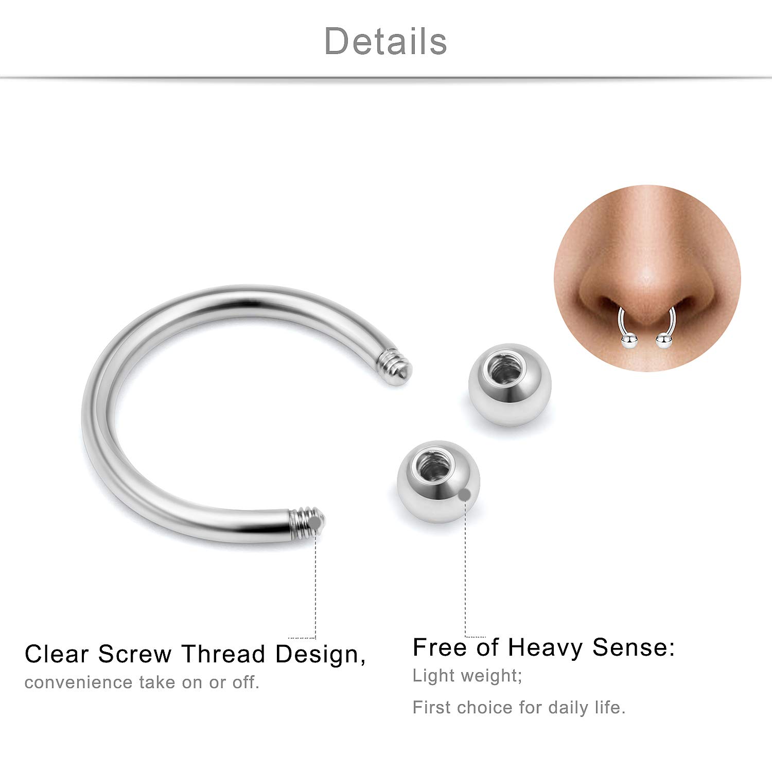 SCERRING 16g Lip Rings Stainless Steel Horseshoe Septum Nose Hoop Labret Monroe Lip Rings Nail Tragus Rook Helix Cartilage Earrings Studs Ring Medusa Piercing Jewelry 36PCS Rainbow