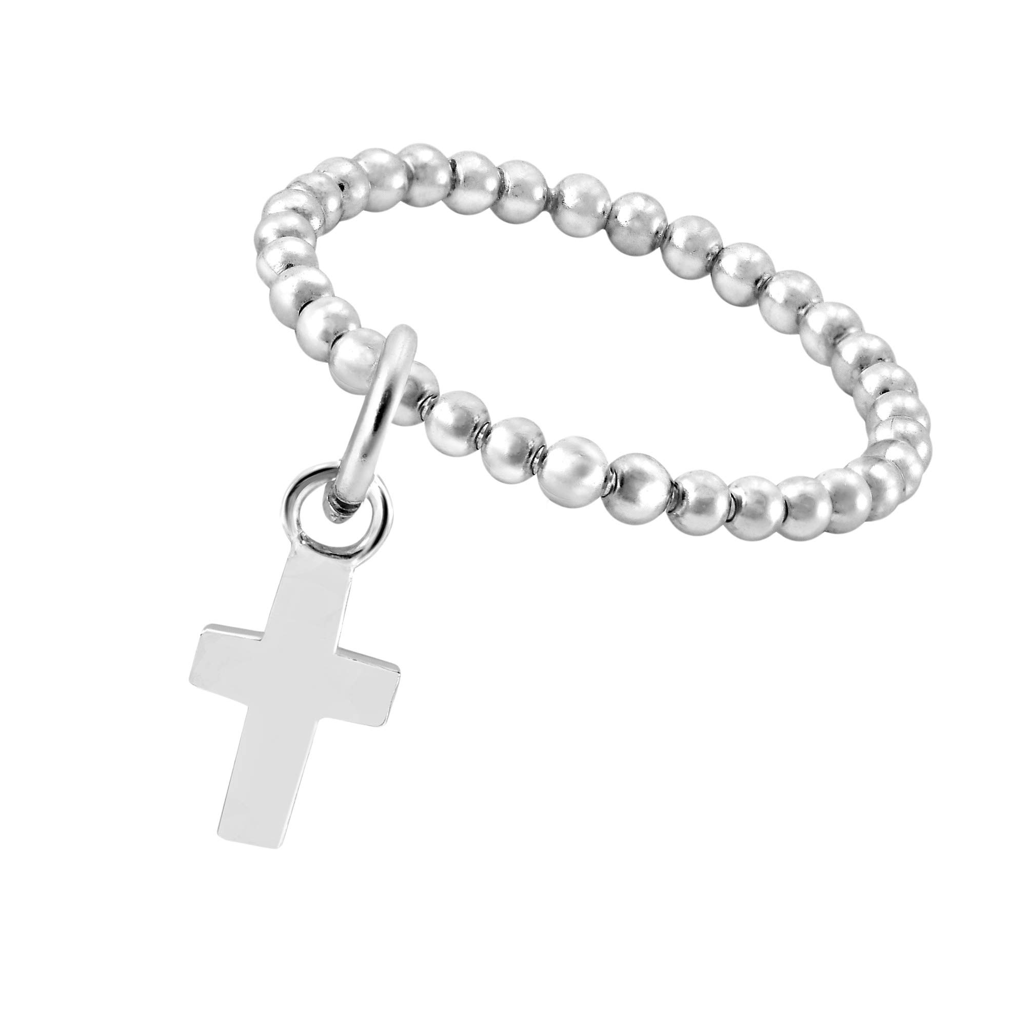 AeraVida Cute Simple Dangle Cross Eternity Bead Ball .925 Sterling Silver Ring (8) | Finger Rings with Dangle Charms for Women